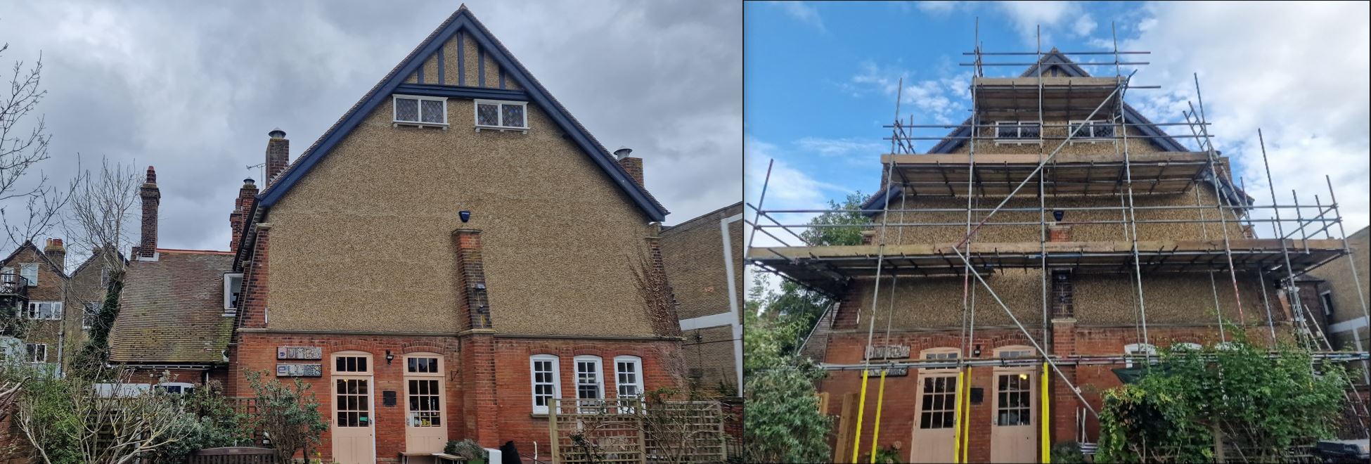 Before image on left showing damage to the exterior of a building. Image on the right shows scaffolding on the building with on-going construction work.